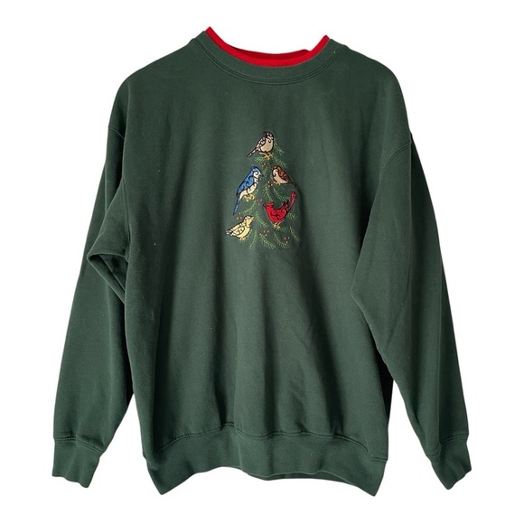 Vintage 90’s Christmas Tree with Birds Embroidered Crewneck Sweater size large - Picture 1 of 7